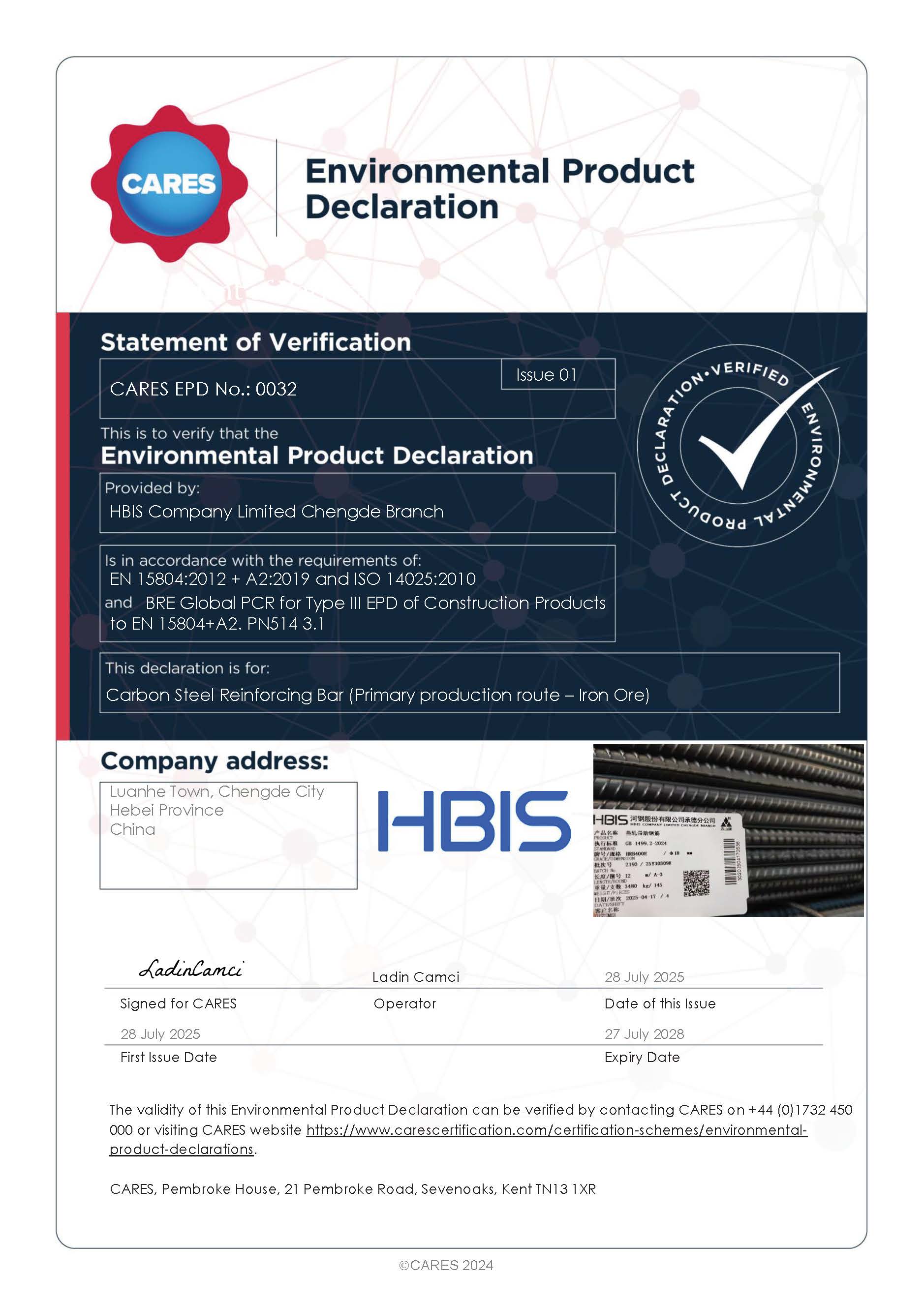HBIS Company Limited Chengde Branch  EPD